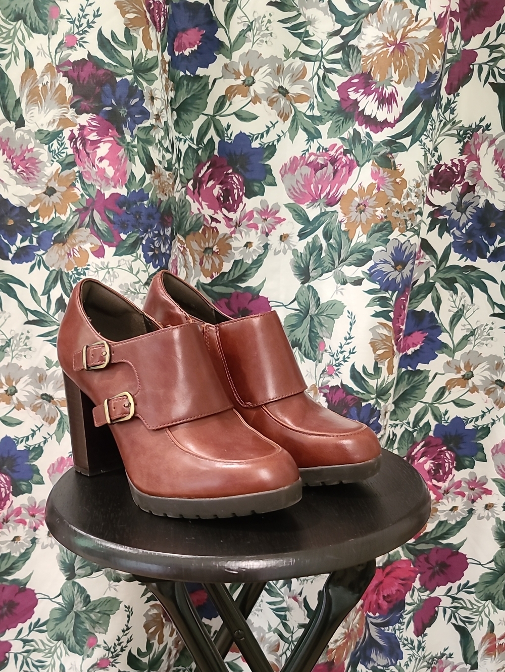 Clarks Cognac Leather Chunky Heel Loafers with Double Buckles